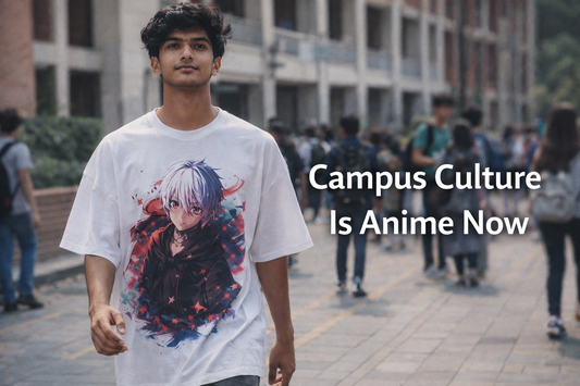 Indian college student wearing oversized anime streetwear walking confidently on campus in 2025