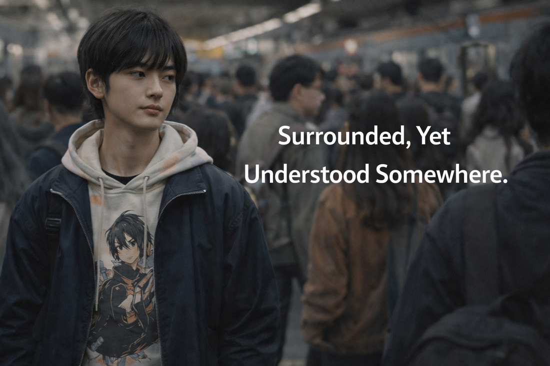 Gen Z individual standing calmly in a crowd, representing loneliness and belonging inspired by anime culture