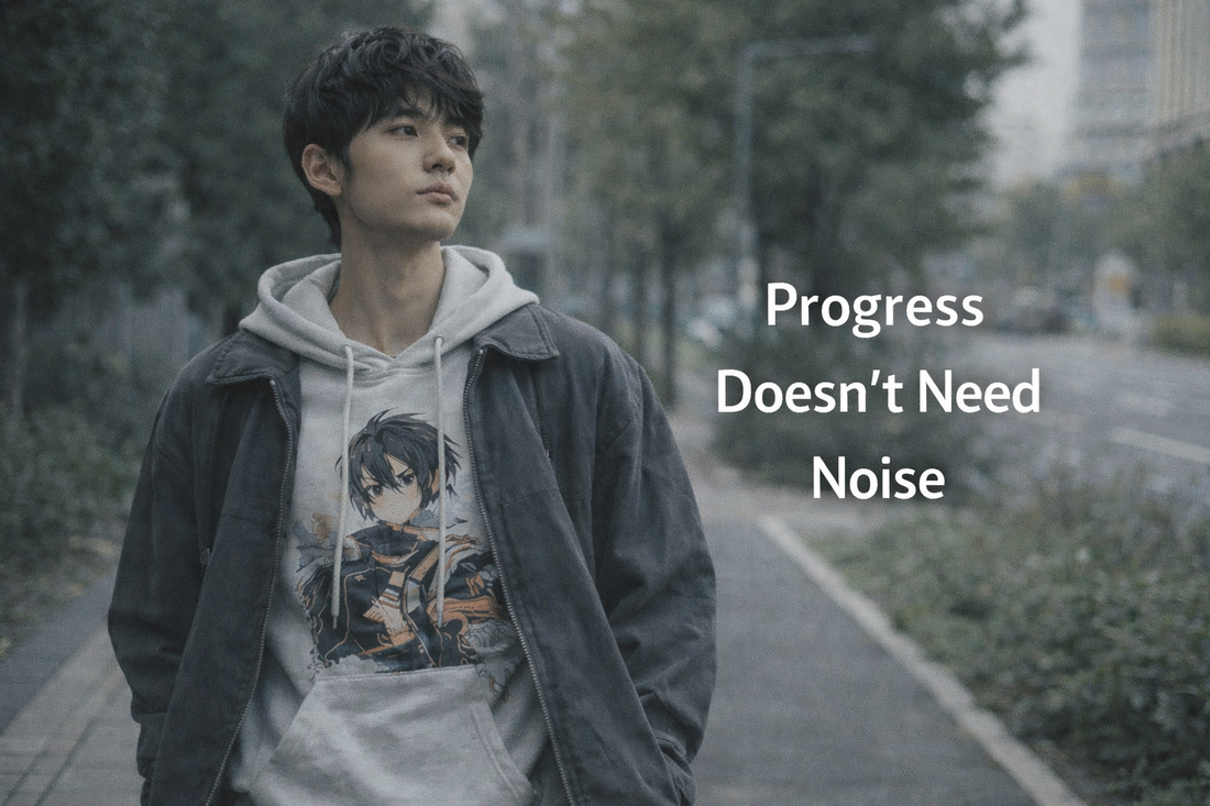Gen Z individual walking forward calmly, representing quiet progress and consistency inspired by anime values