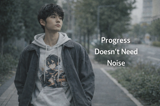 Gen Z individual walking forward calmly, representing quiet progress and consistency inspired by anime values