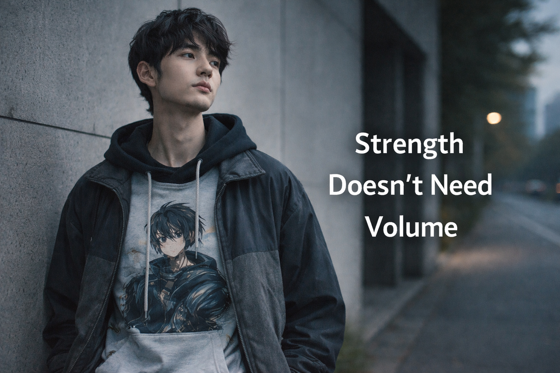 Gen Z individual showing calm strength and inner control inspired by anime philosophy and streetwear culture