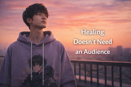 Gen Z individual standing calmly at sunset symbolizing quiet healing inspired by anime philosophy