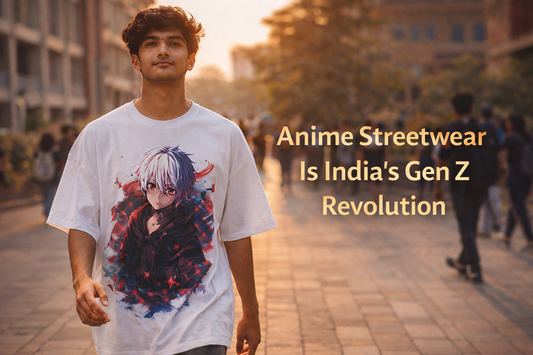 Indian Gen Z student wearing oversized anime streetwear on college campus in 2025 representing youth fashion revolution