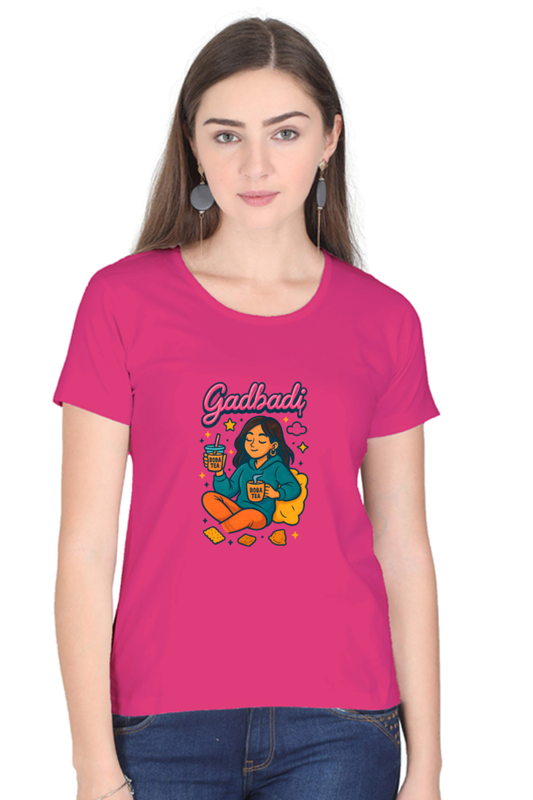 Gadbadi Boba Vibes T-Shirt – Cozy Girl Print, 100% Cotton (180 GSM)