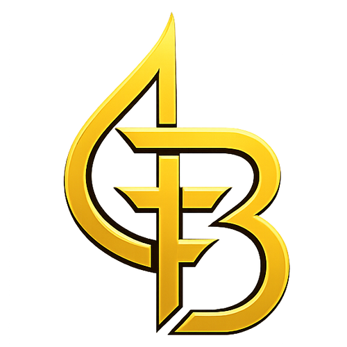 Gold logo with a stylized letter 'B' on a white background