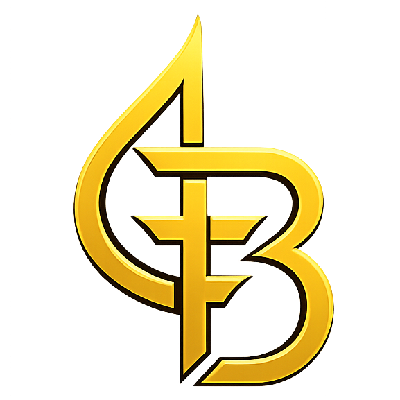 Gold logo with a stylized letter 'B' on a white background